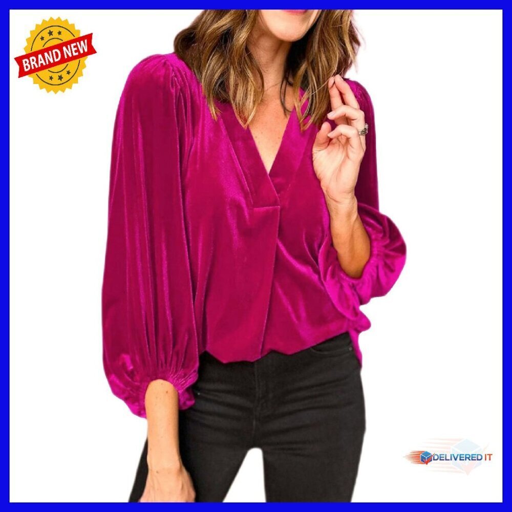 Velvet V-Neck Tunic with Puff Sleeves - Loose Fit for Parties & Holidays
